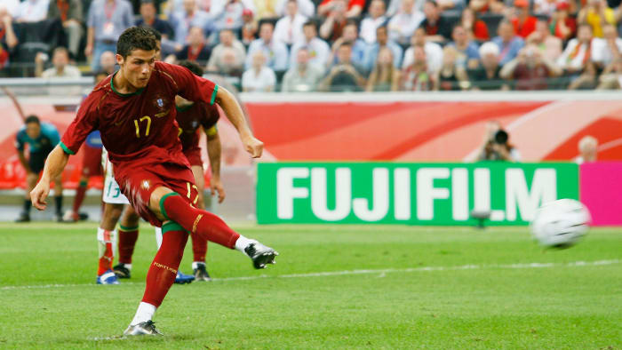 Cristiano Ronaldo scores for Portugal vs. Iran in the 2006 World Cup.